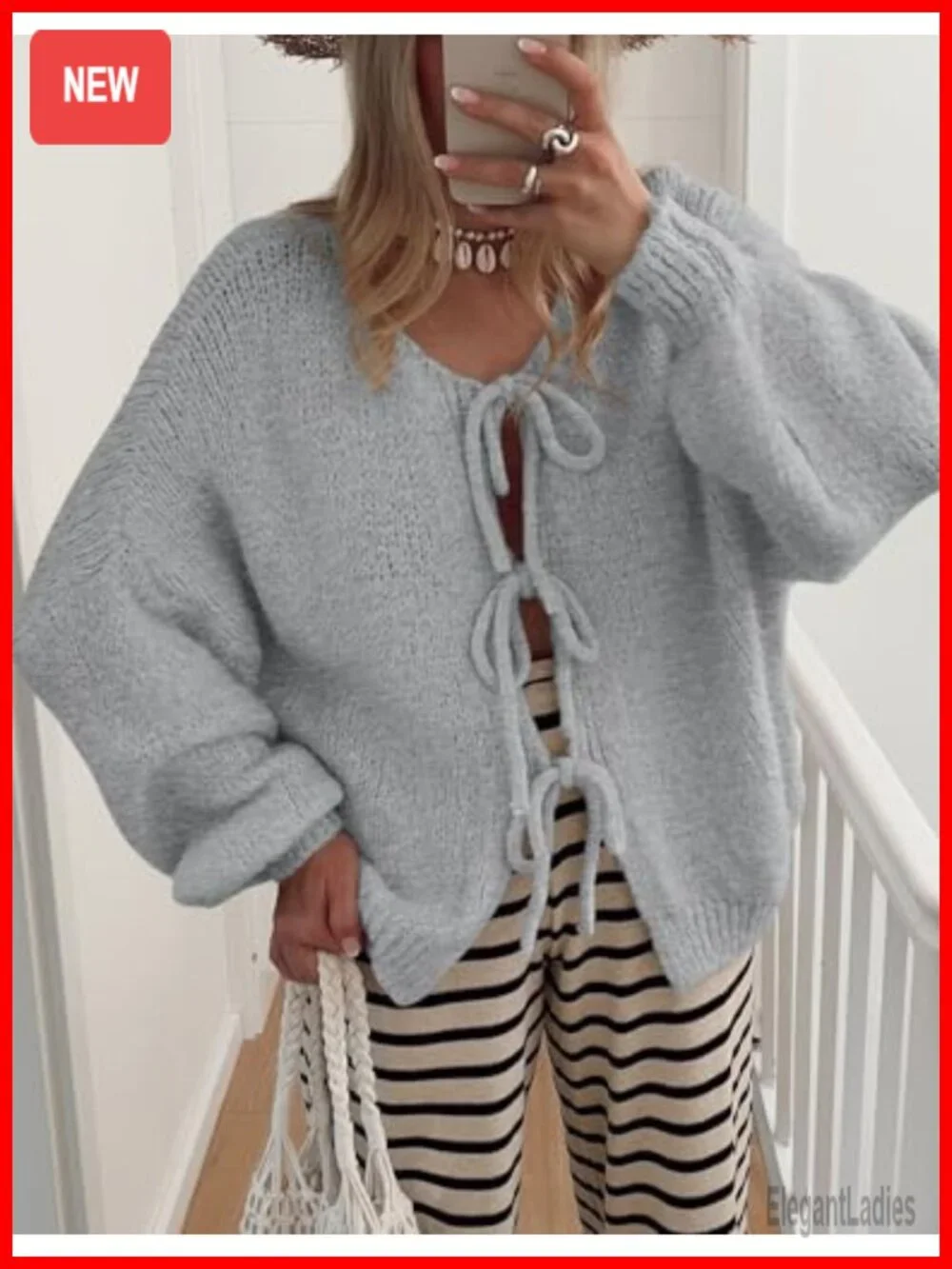 Chunky Knit Tie Front Bow Cardigan, Open Front Puff Sleeve, Cozy Long Sleeve